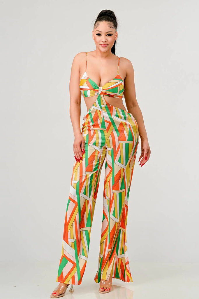 multi color LUXE GEO PRINT SATIN BRA TOP AND PALAZZO JUMPSUIT