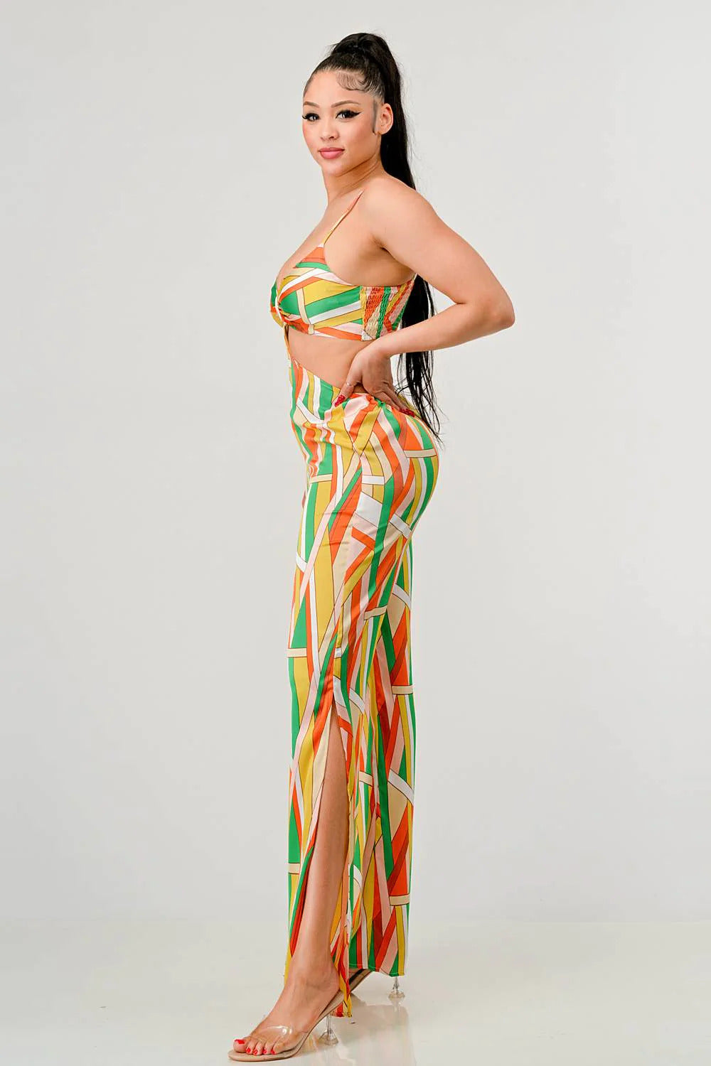 multi color LUXE GEO PRINT SATIN BRA TOP AND PALAZZO JUMPSUIT