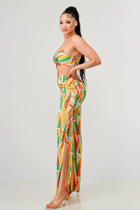 multi color LUXE GEO PRINT SATIN BRA TOP AND PALAZZO JUMPSUIT