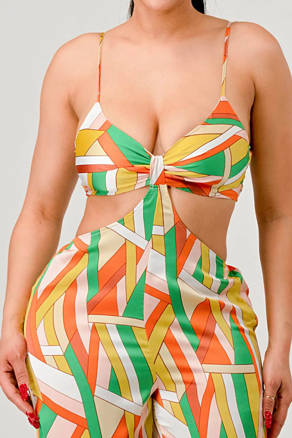 multi color LUXE GEO PRINT SATIN BRA TOP AND PALAZZO JUMPSUIT