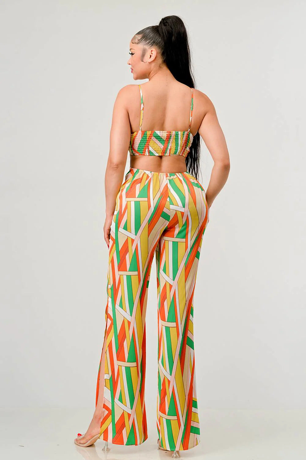 multi color LUXE GEO PRINT SATIN BRA TOP AND PALAZZO JUMPSUIT