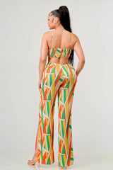 multi color LUXE GEO PRINT SATIN BRA TOP AND PALAZZO JUMPSUIT