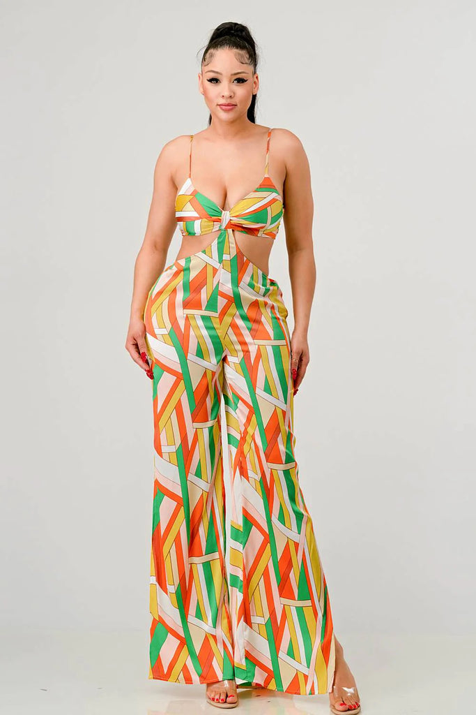 multi color LUXE GEO PRINT SATIN BRA TOP AND PALAZZO JUMPSUIT