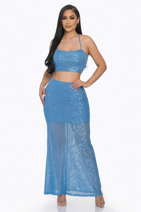 blue Sequin Mermaid Maxi Skirt Set