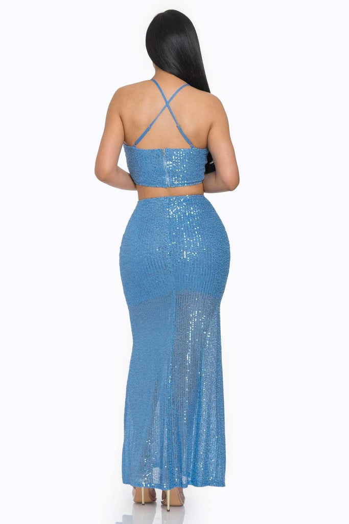 blue Sequin Mermaid Maxi Skirt Set
