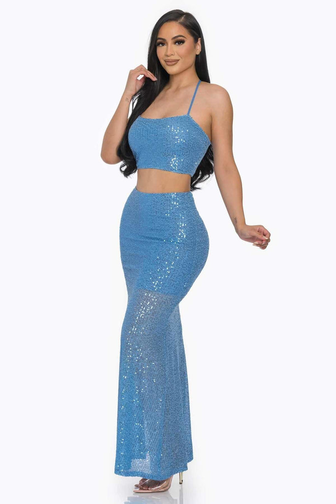 blue Sequin Mermaid Maxi Skirt Set