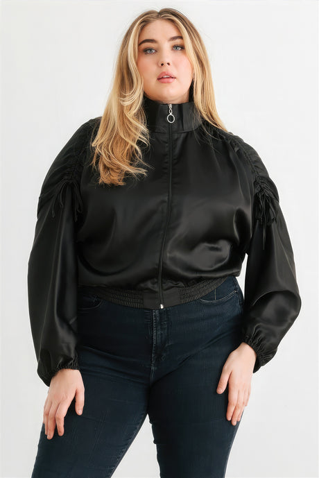 Black Plus Size Satin Ruched Bomber Jacket