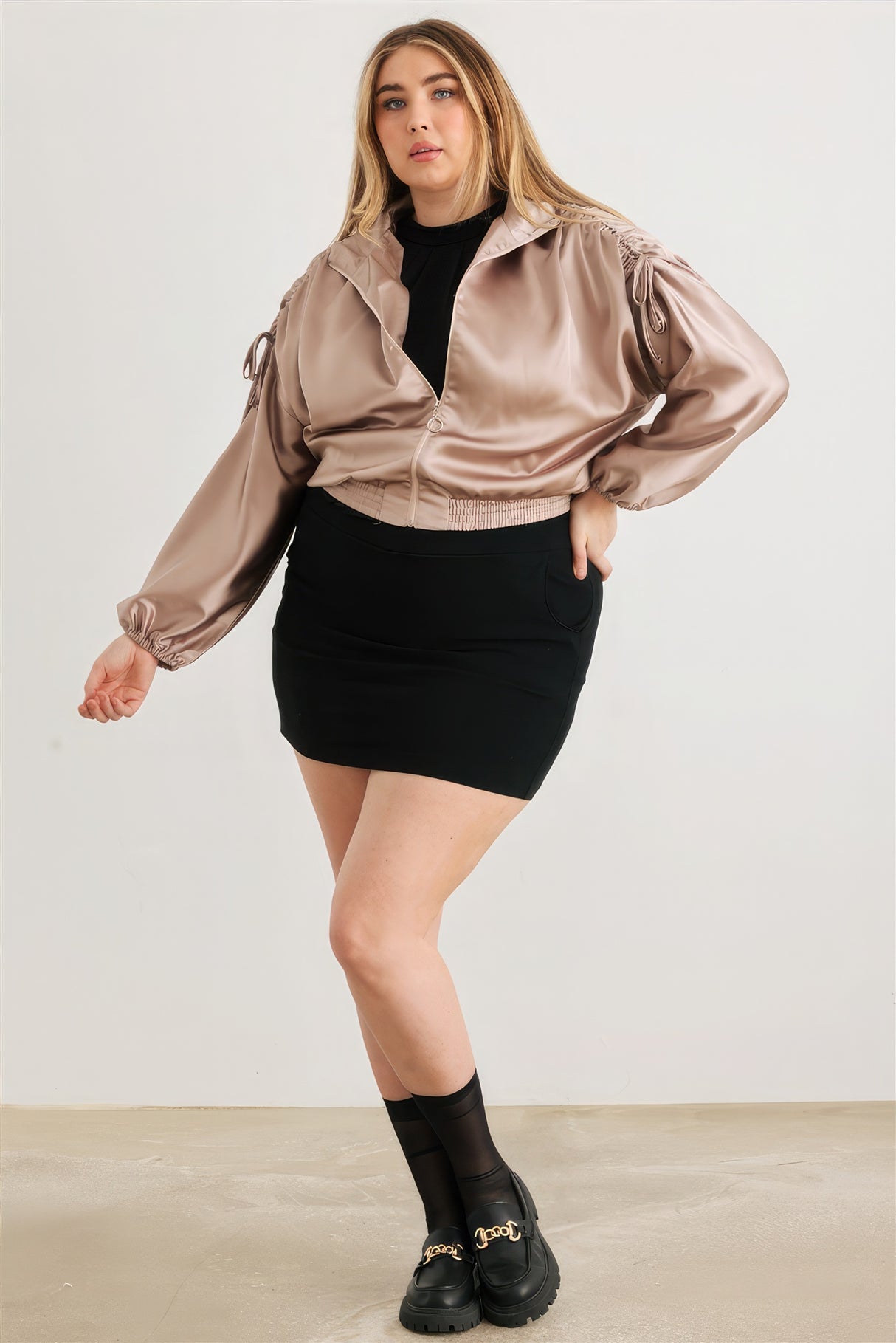 Mocha Plus Size Satin Ruched Bomber Jacket