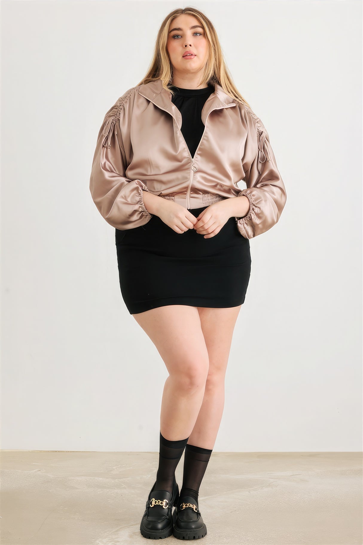 Mocha Plus Size Satin Ruched Bomber Jacket