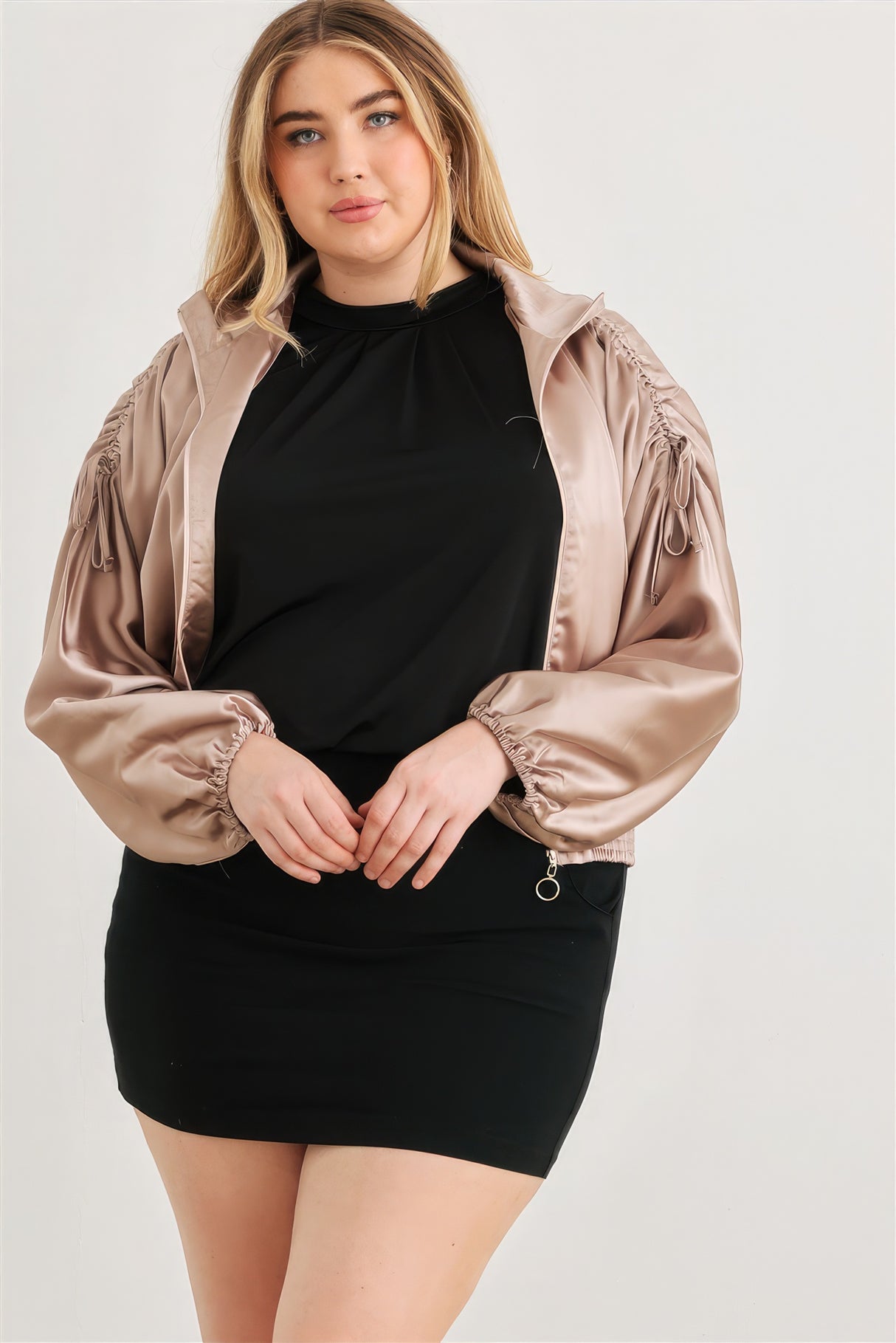 Mocha Plus Size Satin Ruched Bomber Jacket