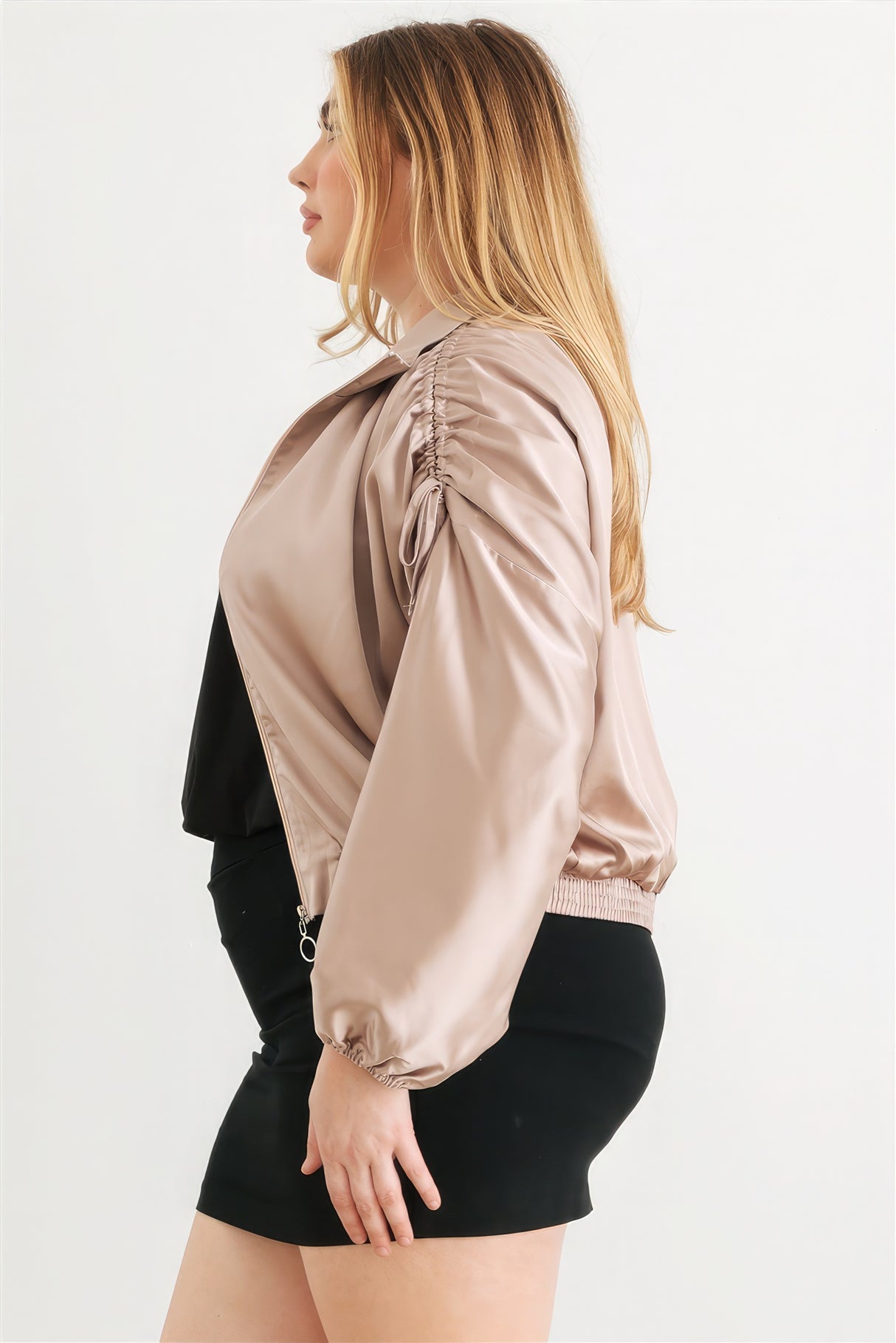 Mocha Plus Size Satin Ruched Bomber Jacket