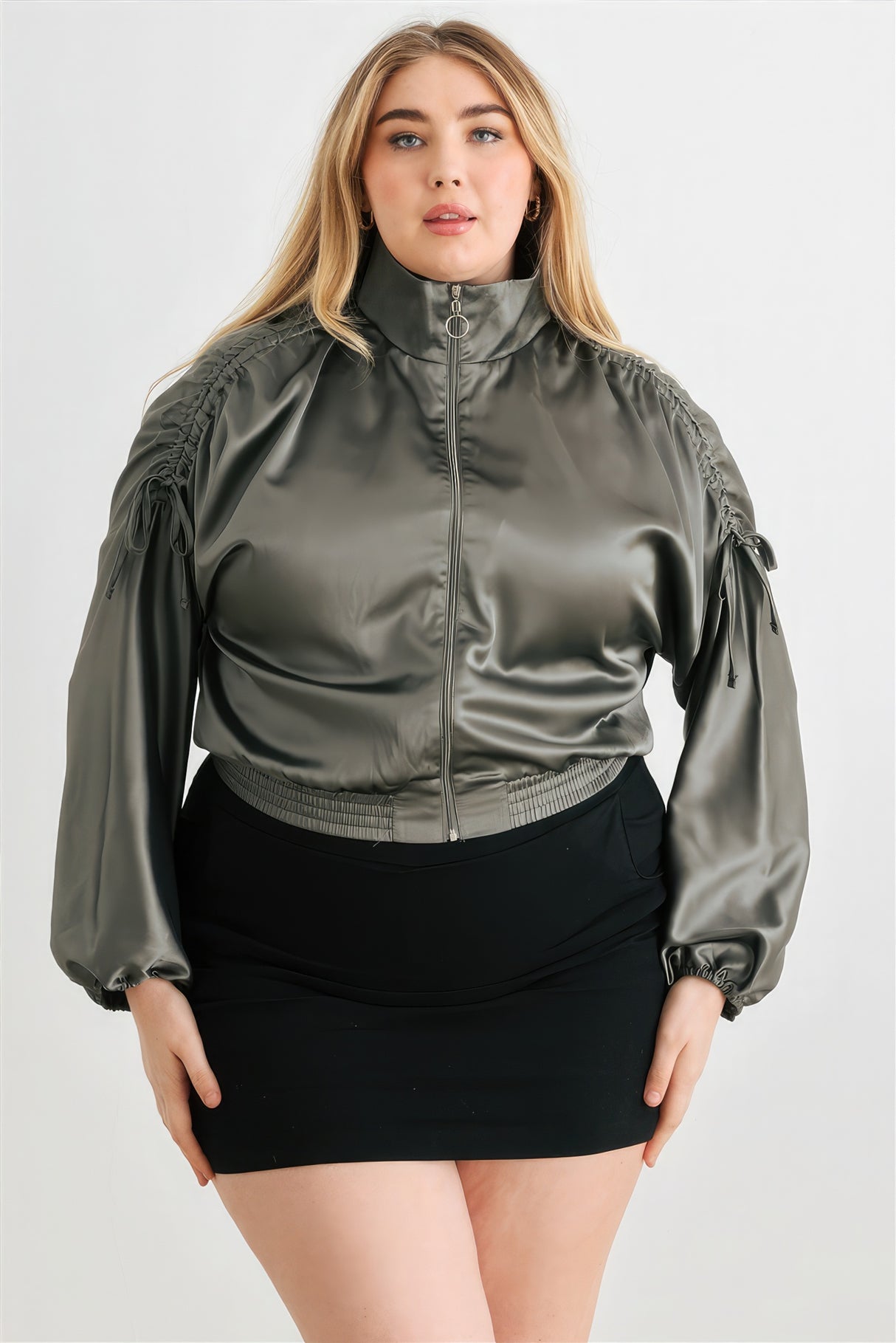 Olive Plus Size Satin Ruched Bomber Jacket