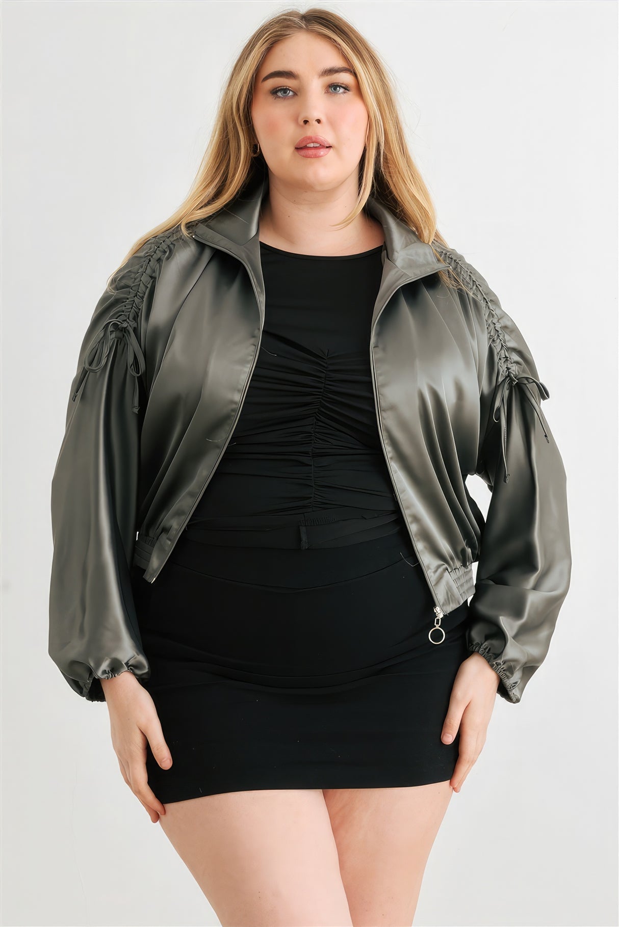 Olive Plus Size Satin Ruched Bomber Jacket