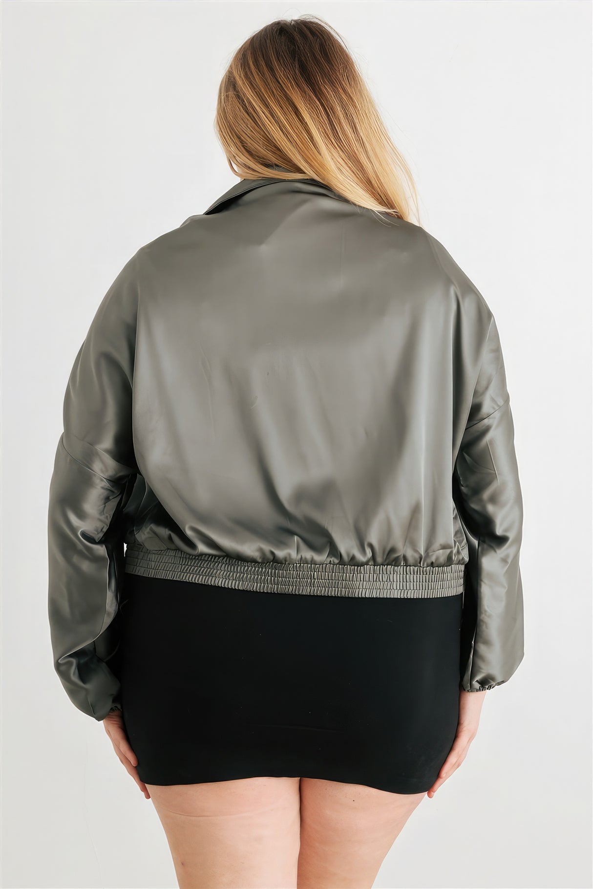 Olive Plus Size Satin Ruched Bomber Jacket