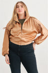 Taupe Plus Size Satin Ruched Bomber Jacket