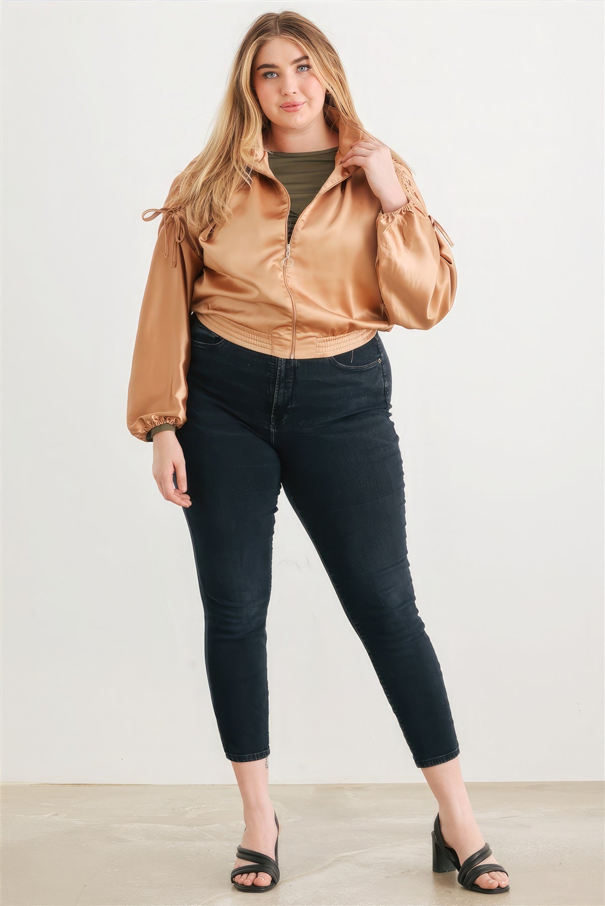 Taupe Plus Size Satin Ruched Bomber Jacket