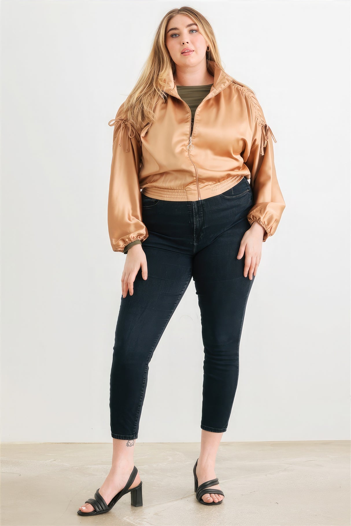 Taupe Plus Size Satin Ruched Bomber Jacket