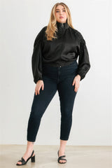 Black Plus Size Satin Ruched Bomber Jacket