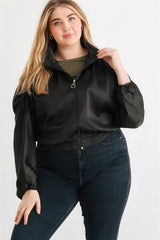 Black Plus Size Satin Ruched Bomber Jacket