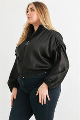 Black Plus Size Satin Ruched Bomber Jacket