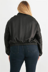 Black Plus Size Satin Ruched Bomber Jacket