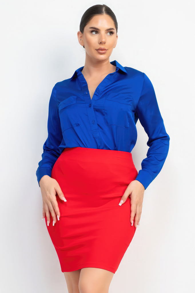 model wearing royal blue Button-Down Pocketed Collared Top with an orange/red skirt