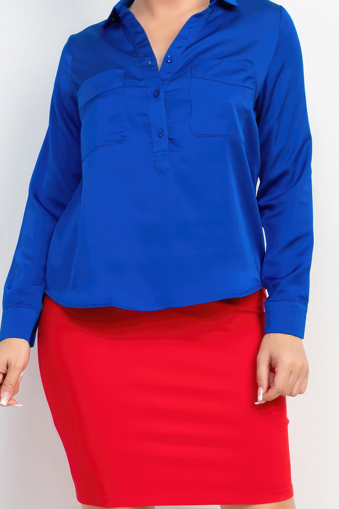 close up of model wearing royal blue Button-Down Pocketed Collared Top with an orange/red skirt