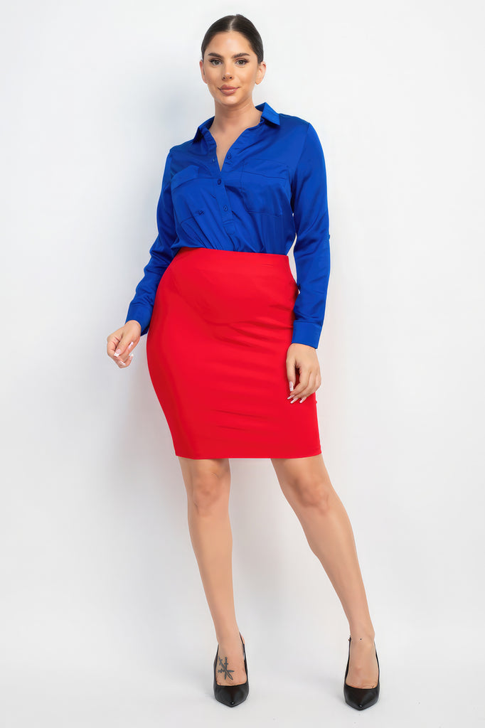 full body view of model wearing royal blue Button-Down Pocketed Collared Top with an orange/red skirt