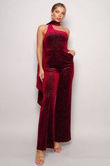 burgundy Glittery Velvet Scarf Top Jumpsuit