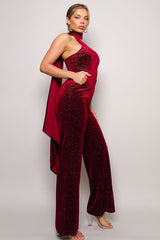 burgundy Glittery Velvet Scarf Top Jumpsuit