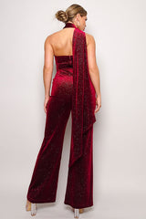 burgundy Glittery Velvet Scarf Top Jumpsuit