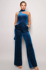 teal Glittery Velvet Scarf Top Jumpsuit