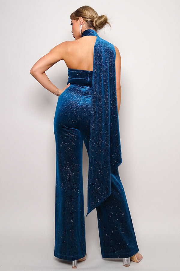 teal Glittery Velvet Scarf Top Jumpsuit