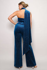 teal Glittery Velvet Scarf Top Jumpsuit