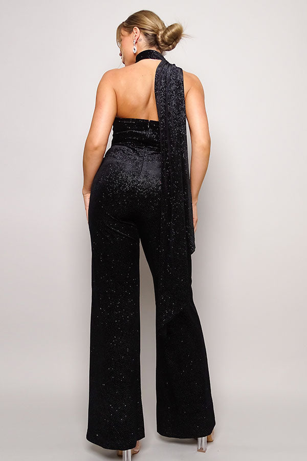 Black Glittery Velvet Scarf Top Jumpsuit