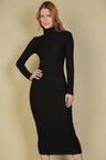 Black Ribbed Mock Neck Long Sleeve Bodycon Midi Dress