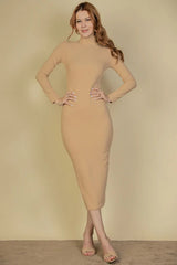 taupe Ribbed Mock Neck Long Sleeve Bodycon Midi Dress