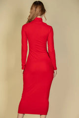 red Ribbed Mock Neck Long Sleeve Bodycon Midi Dress