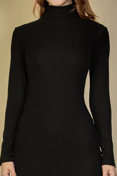 Black Ribbed Mock Neck Long Sleeve Bodycon Midi Dress