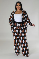 Plus Size Diamond Print Pant Set Black, brown and white