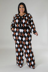 Plus Size Diamond Print Pant Set Black, brown and white