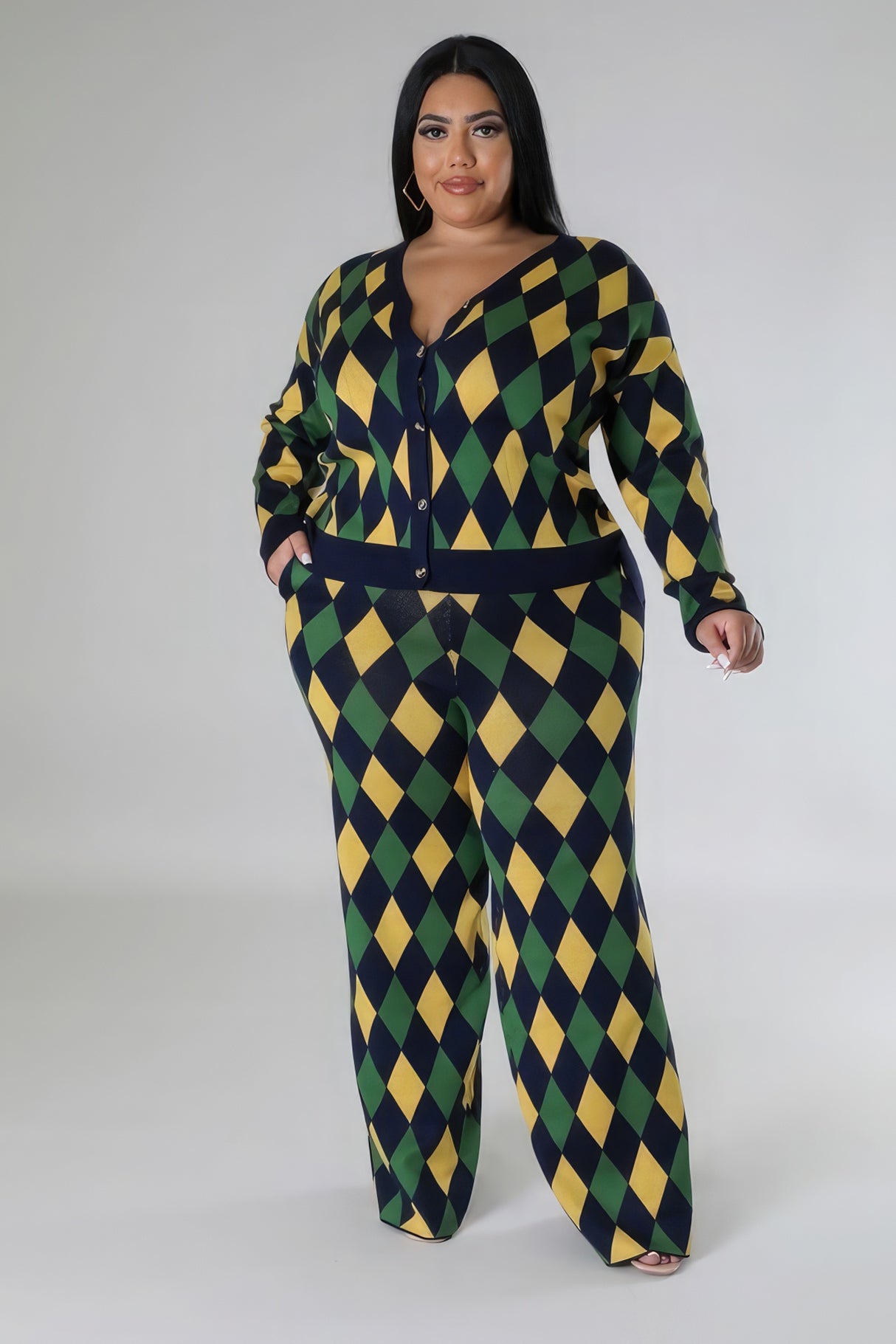 Plus Size Diamond Print Pant Set green, navy blue and yellow