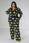 Plus Size Diamond Print Pant Set green, navy blue and yellow