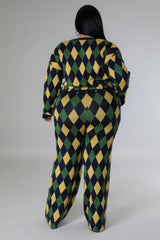 Plus Size Diamond Print Pant Set green, navy blue and yellow