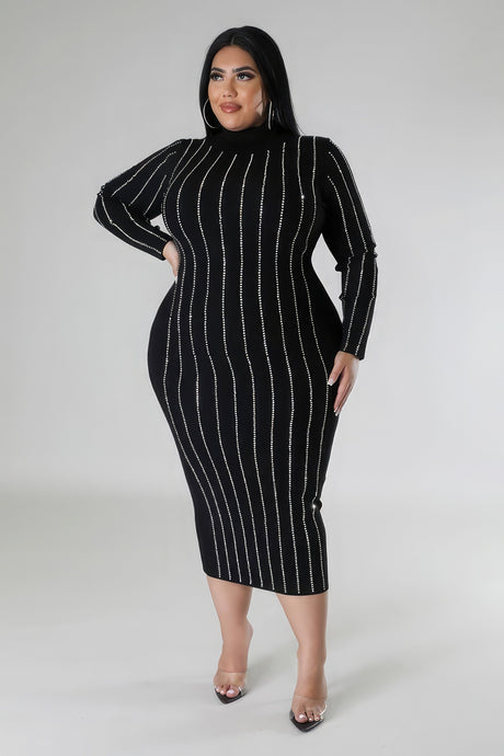 Black Plus Size Rhinestone Turtleneck Midi Dress