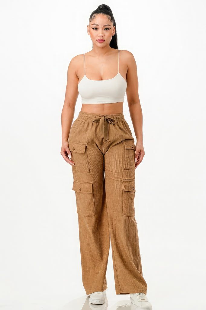 model wearing khaki Tie Front Corduroy Cargo Pants with white cami top