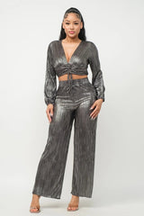 silver Foil Plisse Tunnel Shirring Top And Pants Set