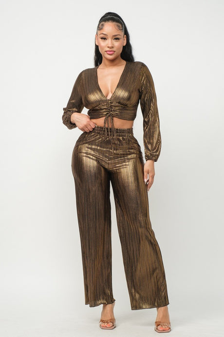 gold Foil Plisse Tunnel Shirring Top And Pants Set