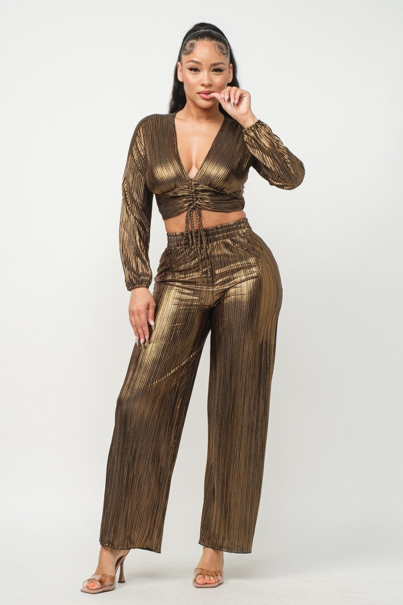 gold Foil Plisse Tunnel Shirring Top And Pants Set