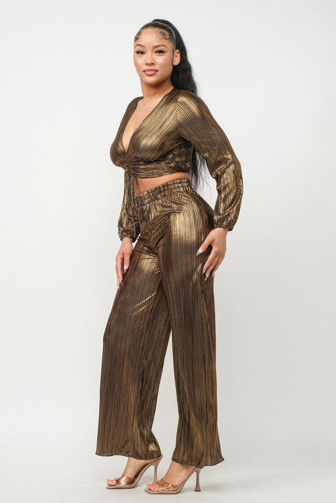 gold Foil Plisse Tunnel Shirring Top And Pants Set